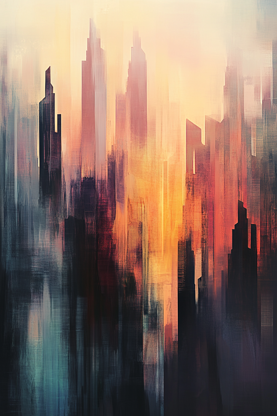 Abstract city skyline at sunrise with warm tones.