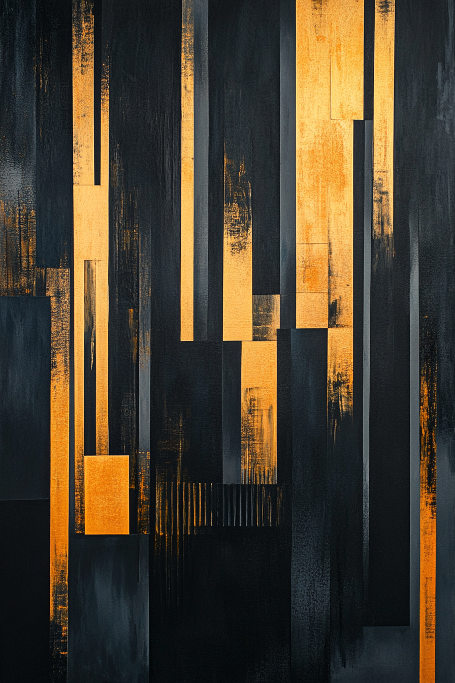 Abstract cityscape in navy, charcoal, gold: bold, sophisticated, elegant.