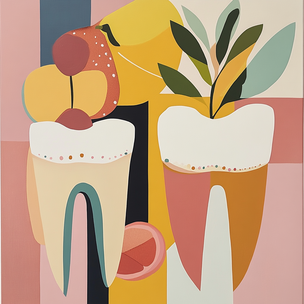 Abstract dental fruit and vegetable art, mid-century modern style.