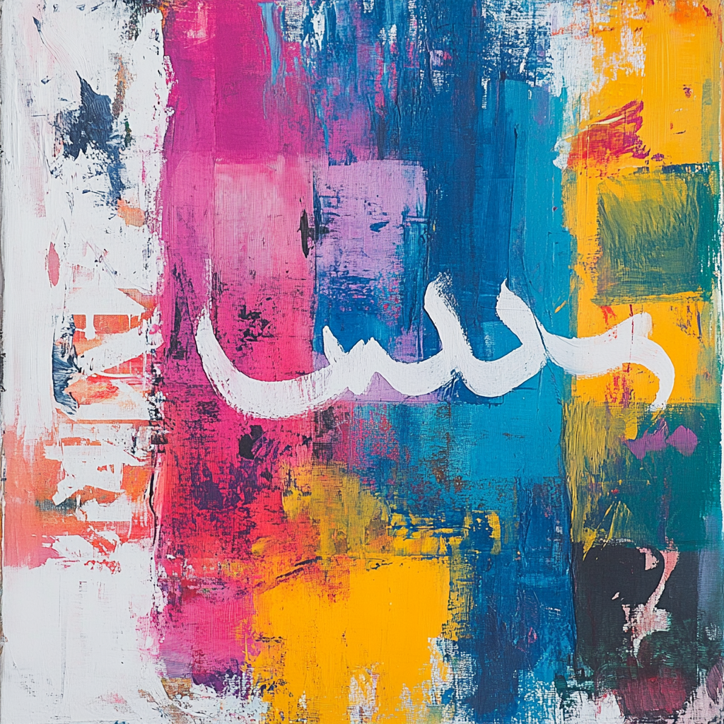 Abstract expressionist background papers with Arabic script strokes crosses.