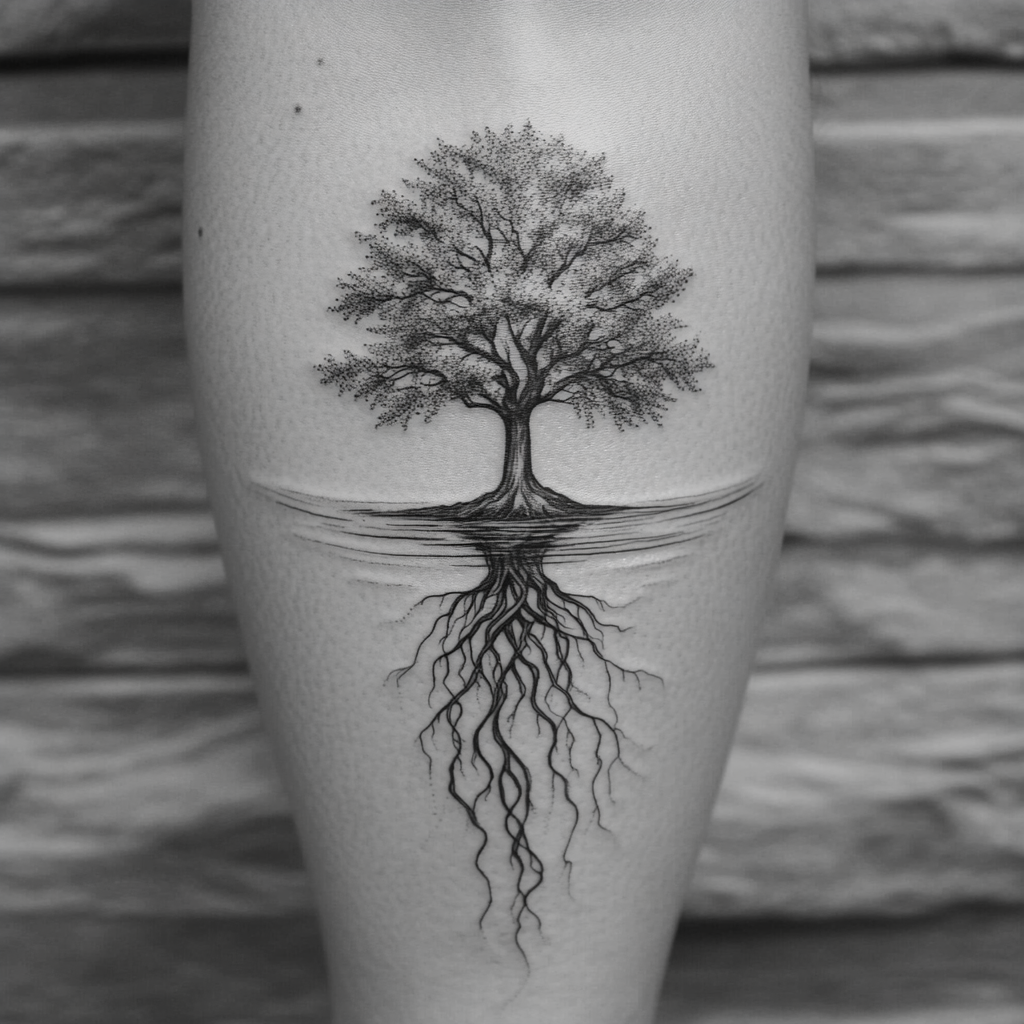 Abstract fine line tattoo of flourishing tree with roots.