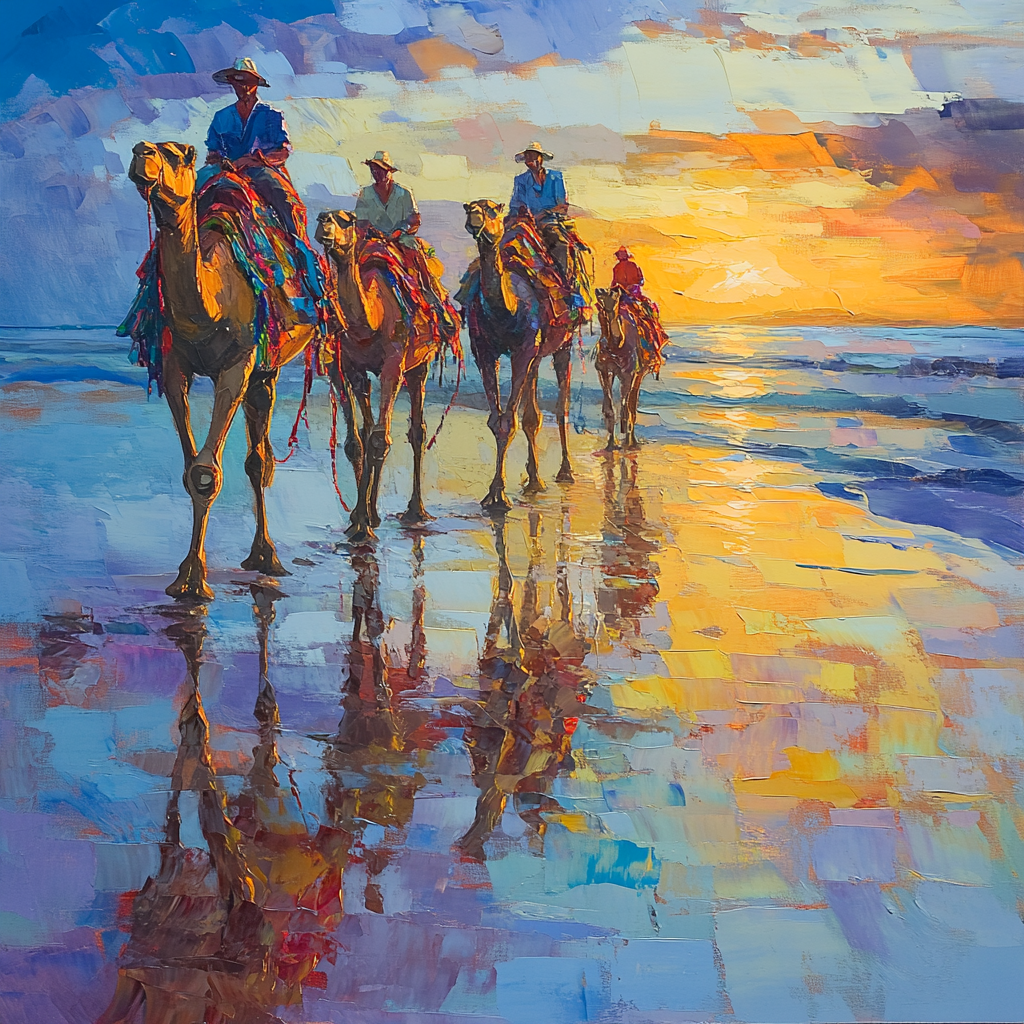 Abstract modern fragmented oil painting of camels walking on beach.