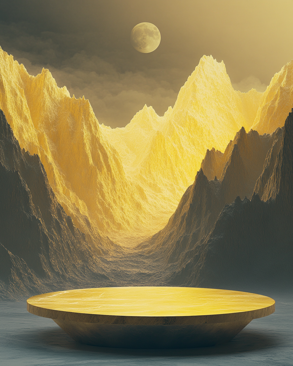 Abstract mountains in yellow and gold with moonlight, oval platform.