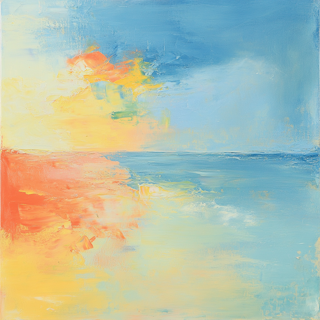 Abstract oil painting with warm, uplifting colors. Sky, coral, seashell, morning, blues, turquoise, azure.