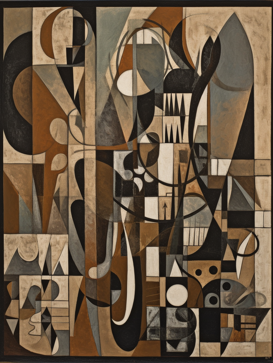 Abstract painting in beige and black with geometric shapes.