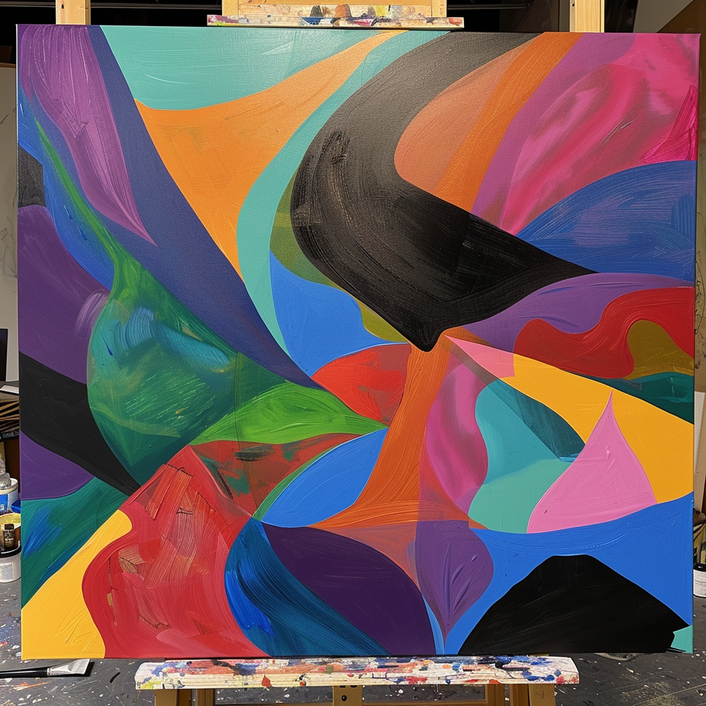 Abstract painting inspired by music using bold colors.