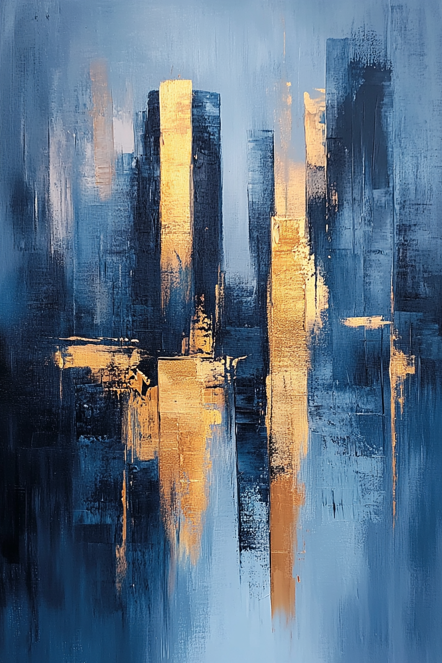 Abstract painting of city skyline with blues, greys, gold.