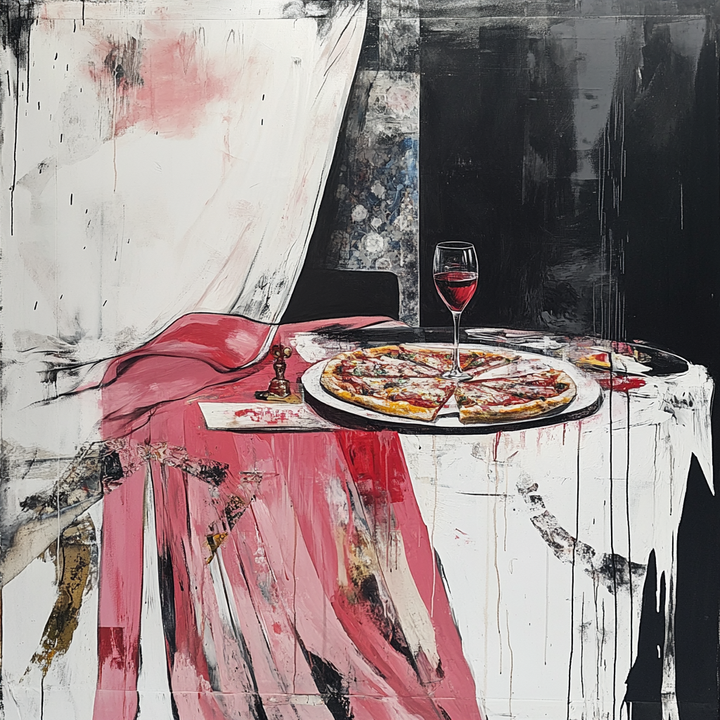 Abstract painting of table with draped cloth, pizza, wine.