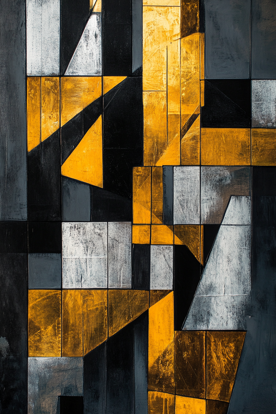 Abstract painting with deep charcoal, gold, silver accents. Structured shapes.