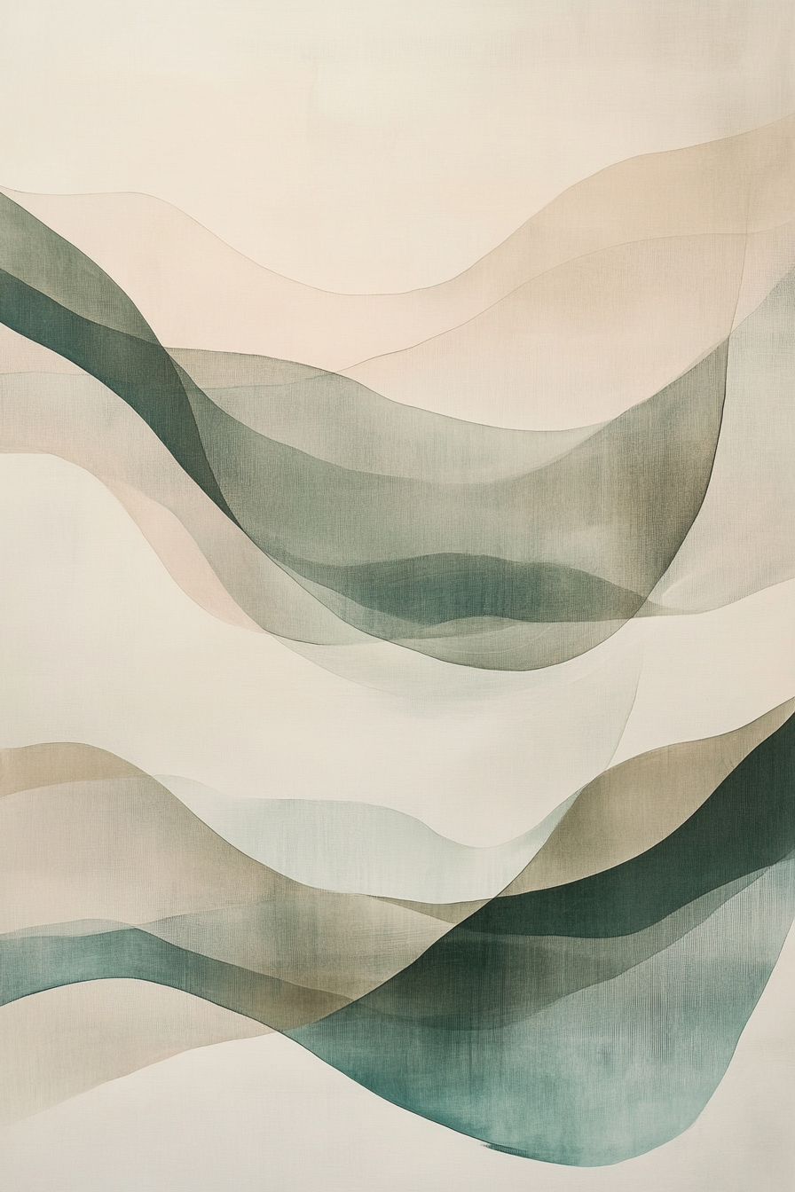 Abstract painting with gentle curves of hills and waves.