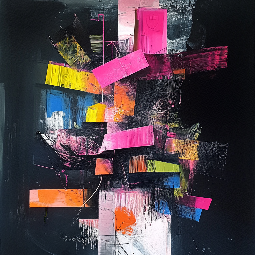 Abstract painting with pink brushstrokes on black background.