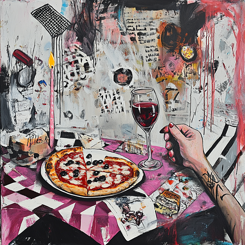 Abstract painting with realistic elements, table with pizza.