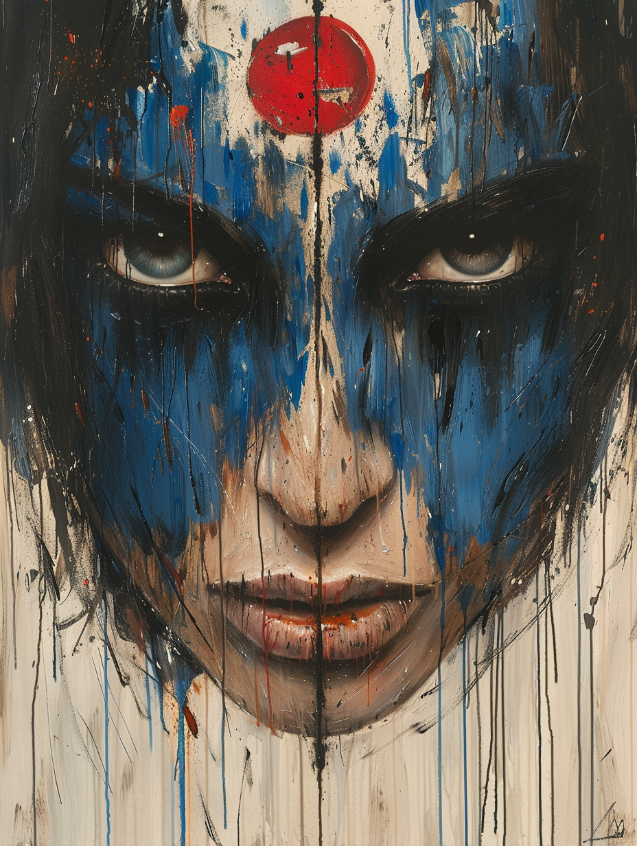 Abstract portrait on rough canvas, split vertically. Serene Indian woman's face, ferocious Kali. Vibrant blue skin, thick brushstrokes.;left calm, right intense expression.非Idealized, raw representation.