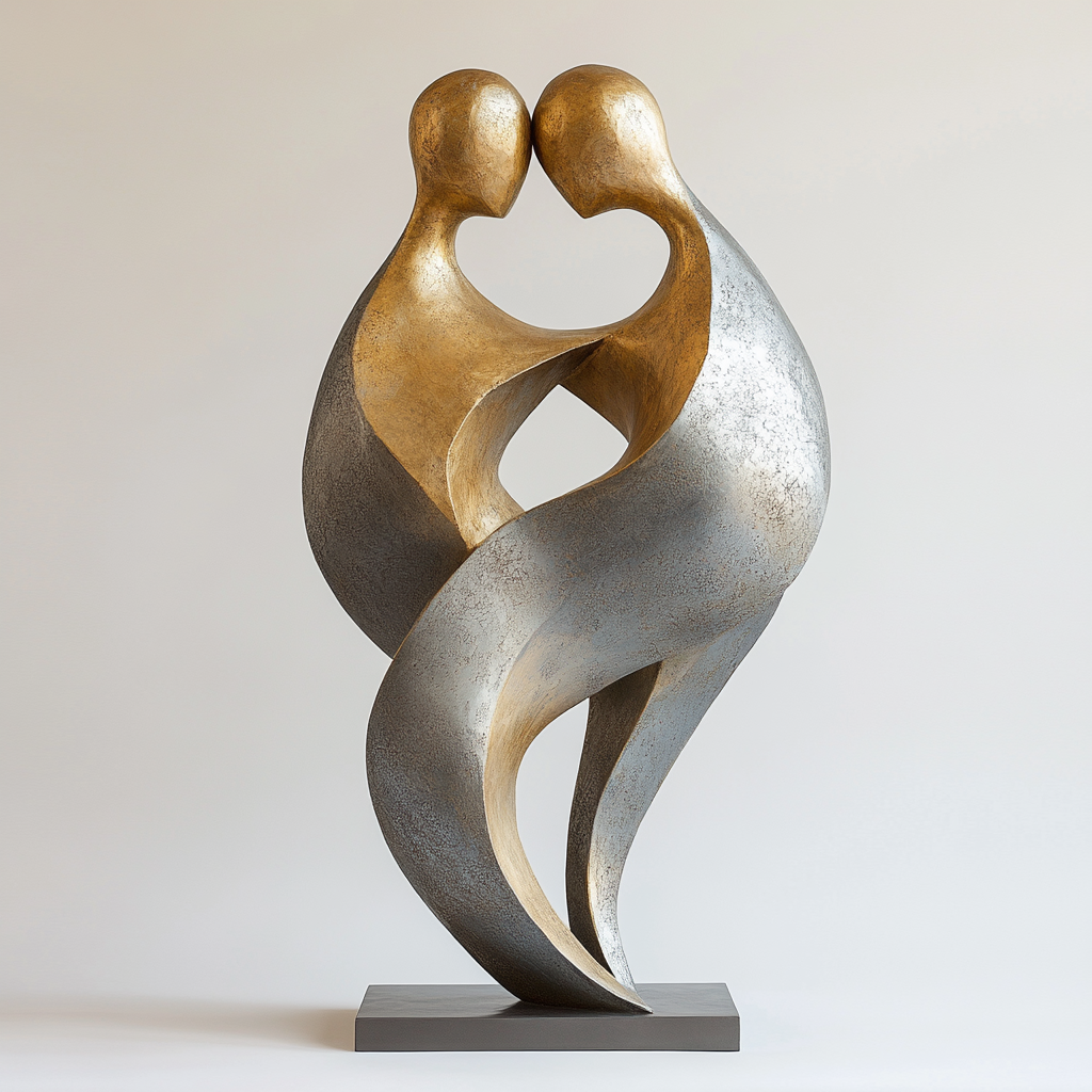 Abstract sculpture of slender figure intertwined with solid figure