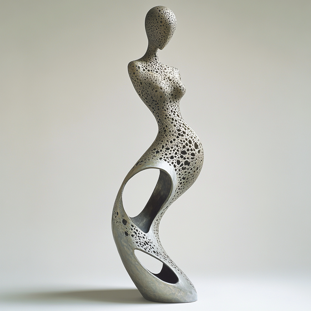 Abstract sculpture with slender figure in graceful pose.