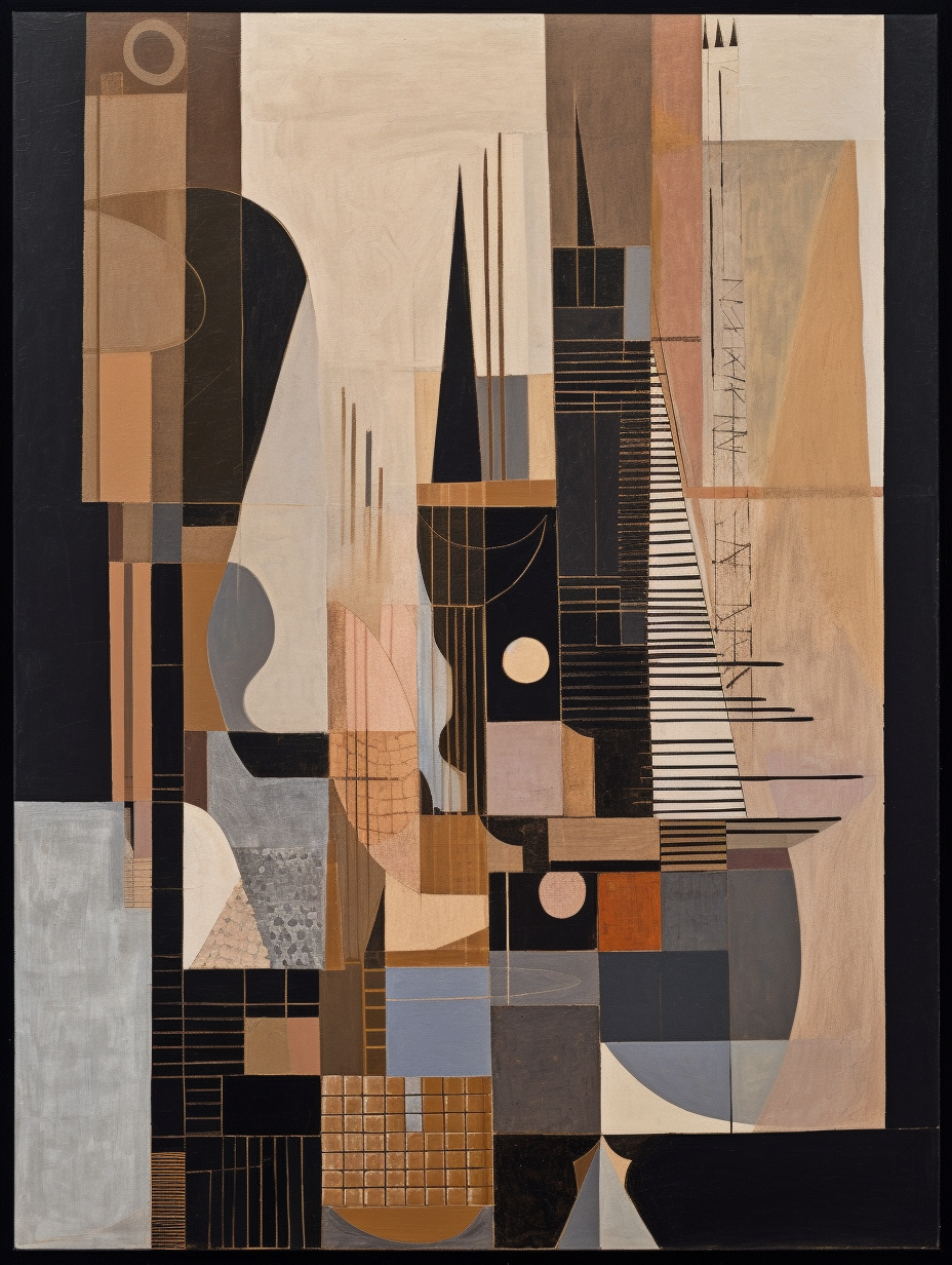 Abstract shapes in beige and black with geometric forms.Sharp.