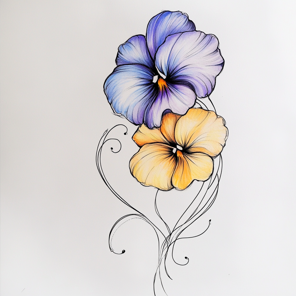 Abstract sketch of intertwined blue and yellow pansies.