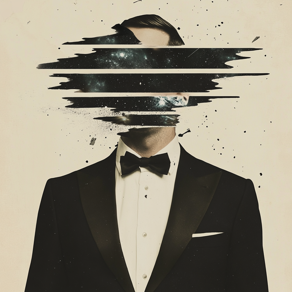 Abstract surreal collage: man in tux, head split.