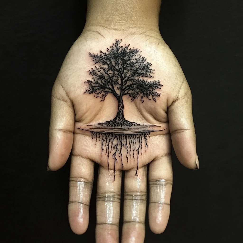 Abstract tattoo: healthy tree by still water, deep roots.