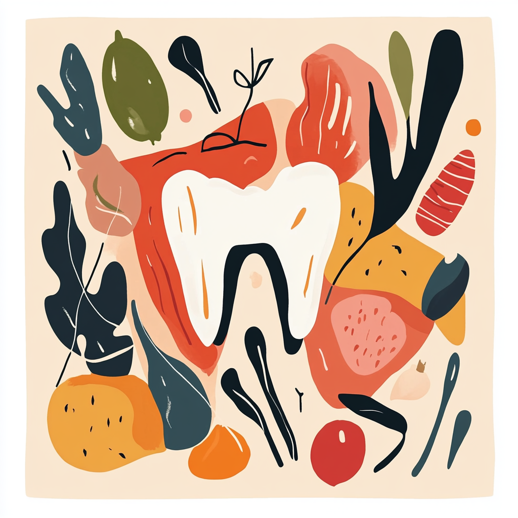 Abstract teeth and produce merge tastefully in sleek artwork.