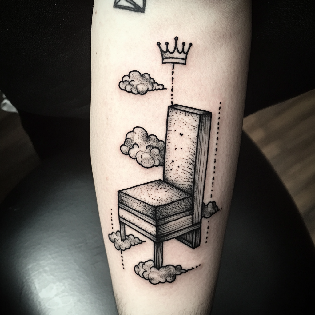 Abstract throne chair tattoo with crown, clouds, Earth view.