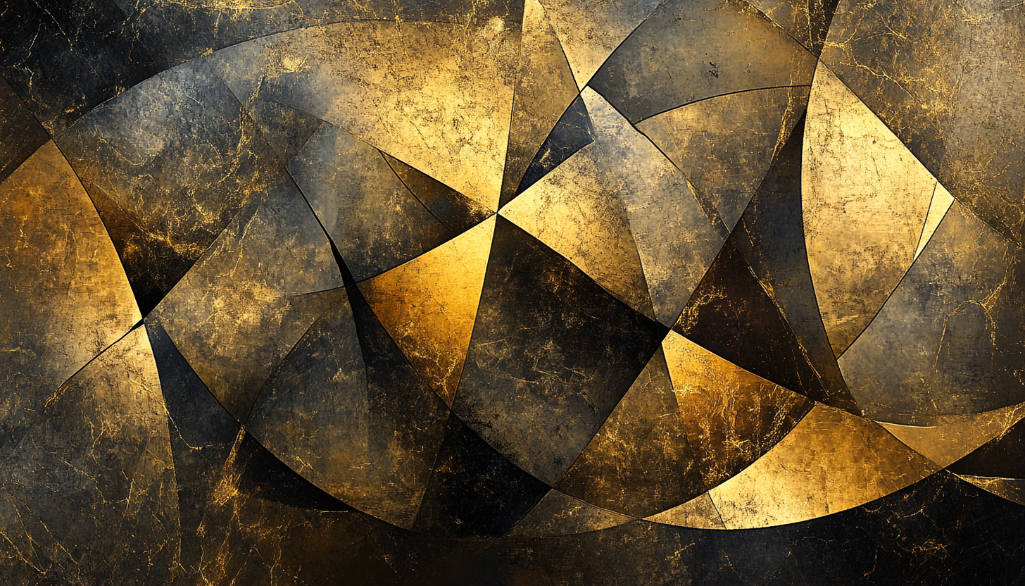 Abstract triangles and circles float in liquid gold background, shifting.