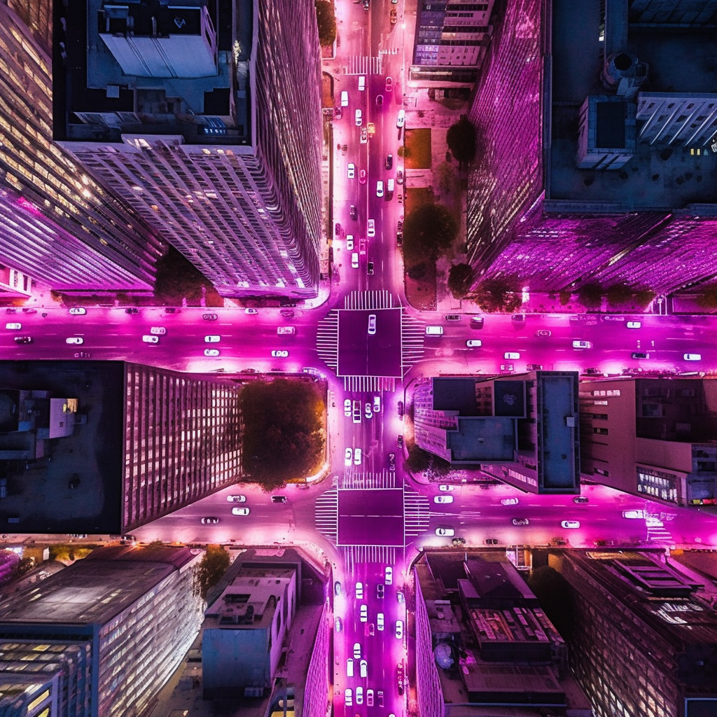 Abstract view of big city from drone, shades of purple.