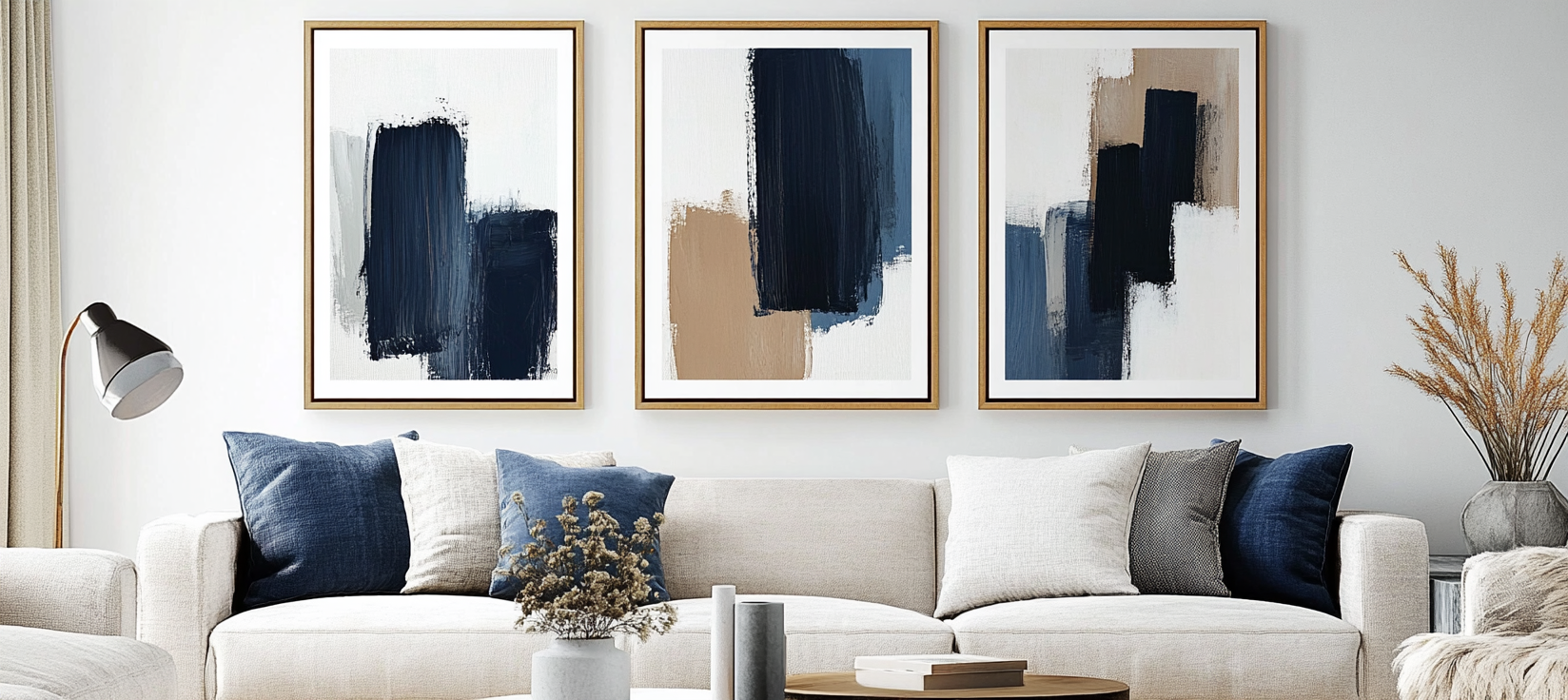 Abstract wall art set, three frames, neutral tones, navy blue.