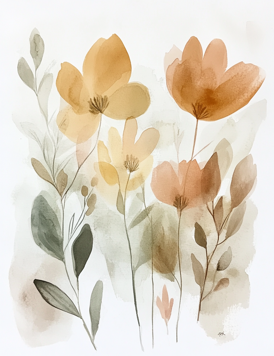 Abstract watercolor painting of flowers and leaves.