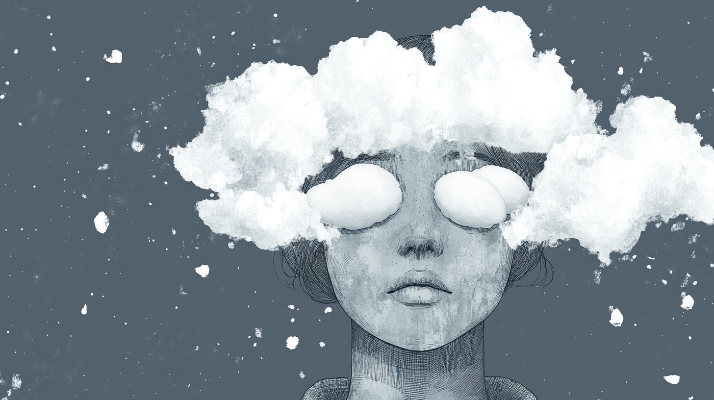 Abstract woman's snowy head with cotton pads, clouds.