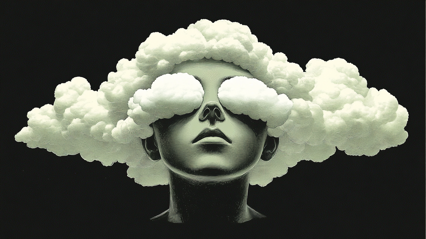 Abstract woman with clouds covering head, white cotton pads.