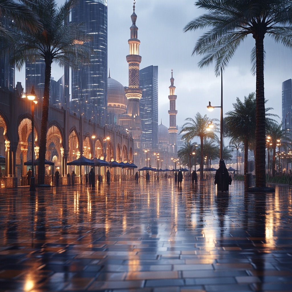 Abu Dhabi city view with Arabic people, rainy day.