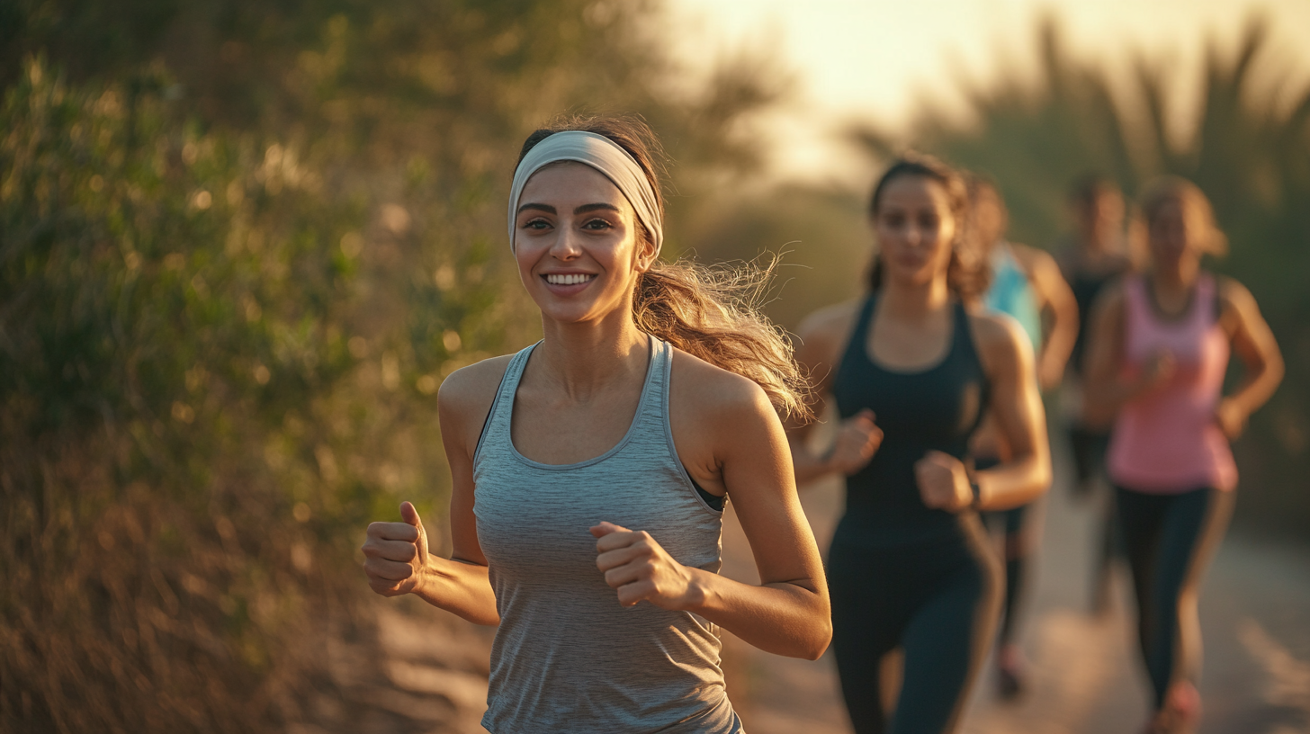 Abu Dhabi fitness group, mix of normal and hijabi.