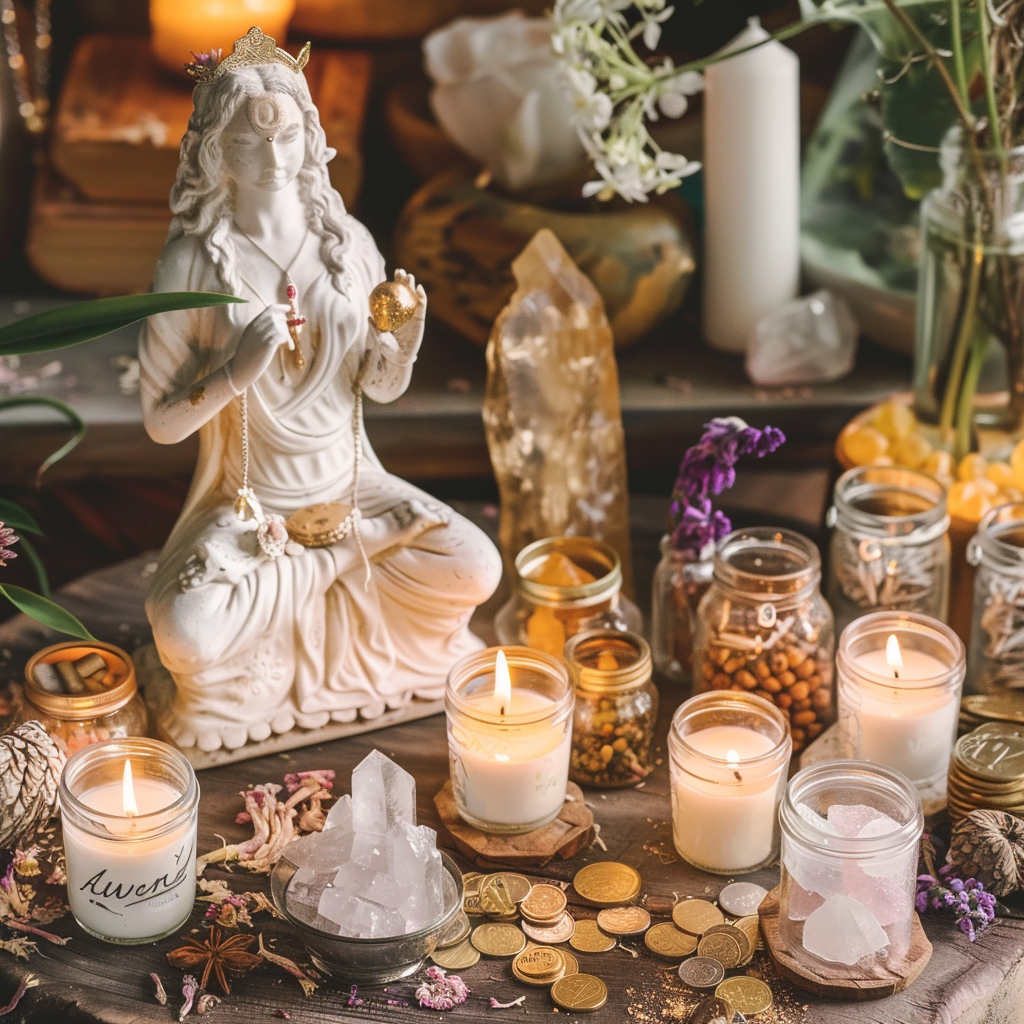 Abundance altar with candles, herbs, crystals, coins, goddess statue.