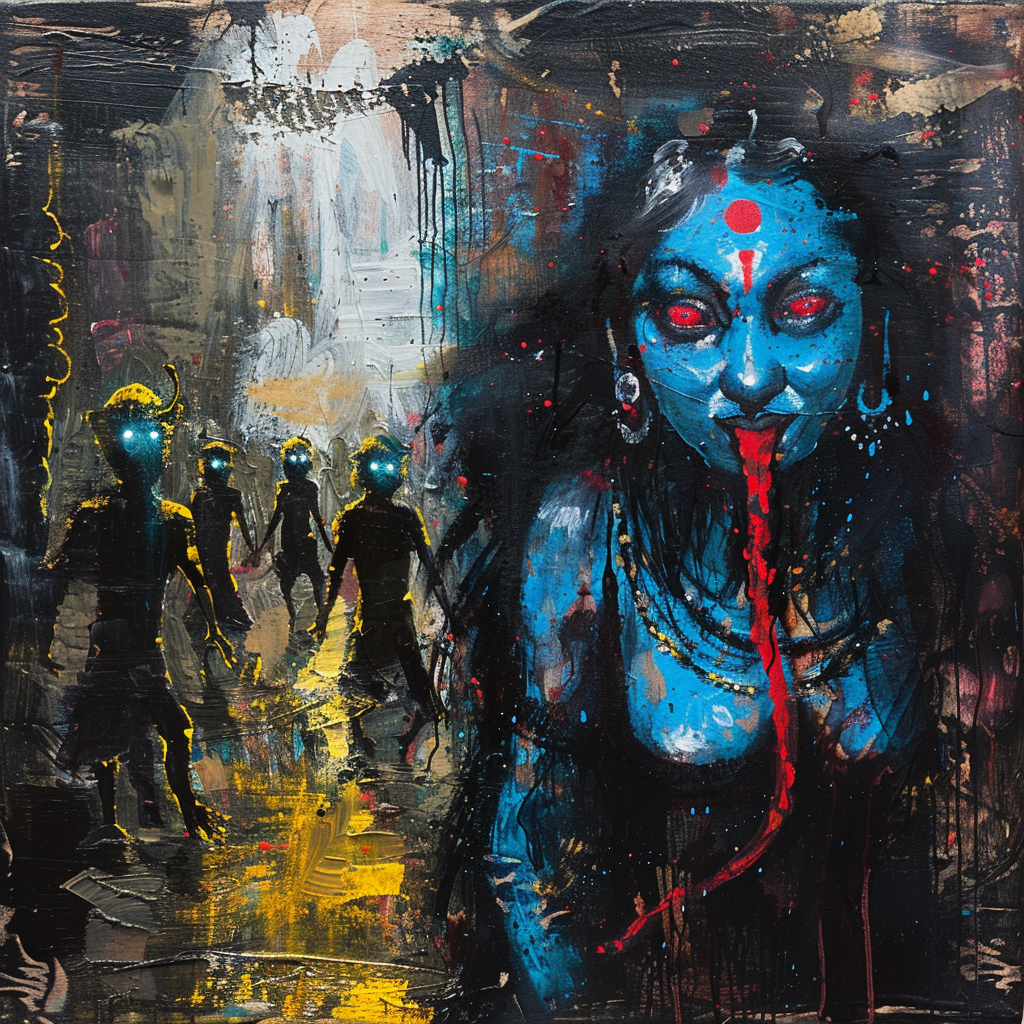 Acrylic painting of Goddess Kali in dark alley.