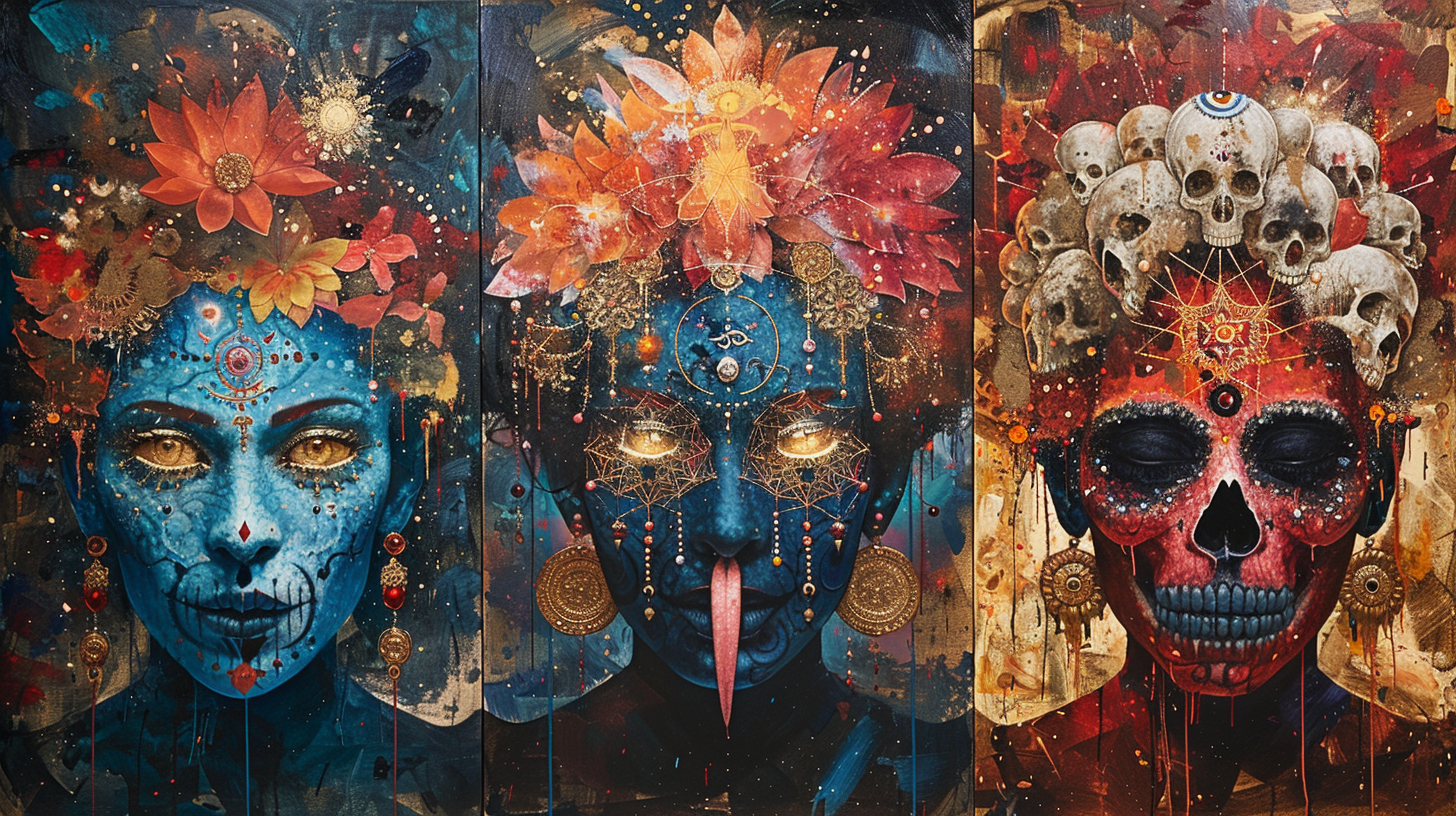 Acrylic painting of Goddess Kali with three moods.