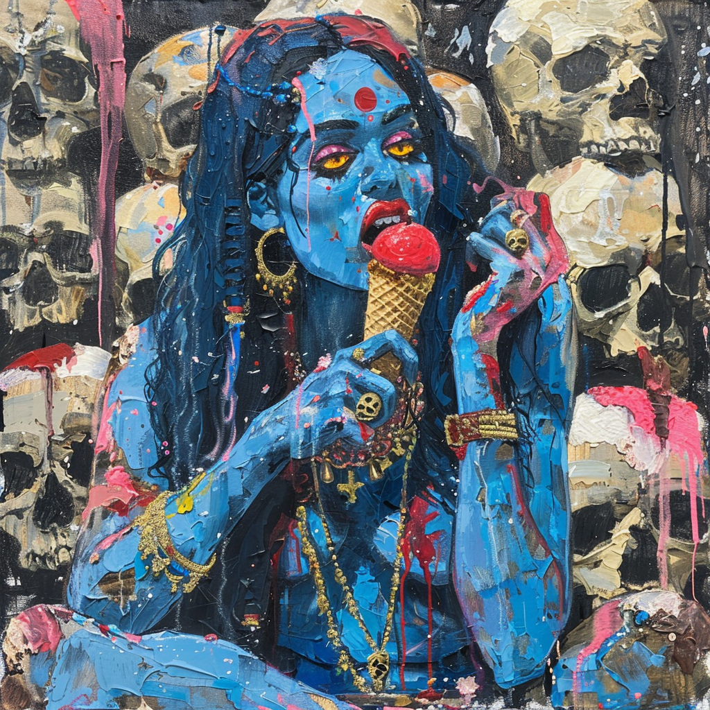 Acrylic painting of blue-skinned goddess Kali enjoying icecream.