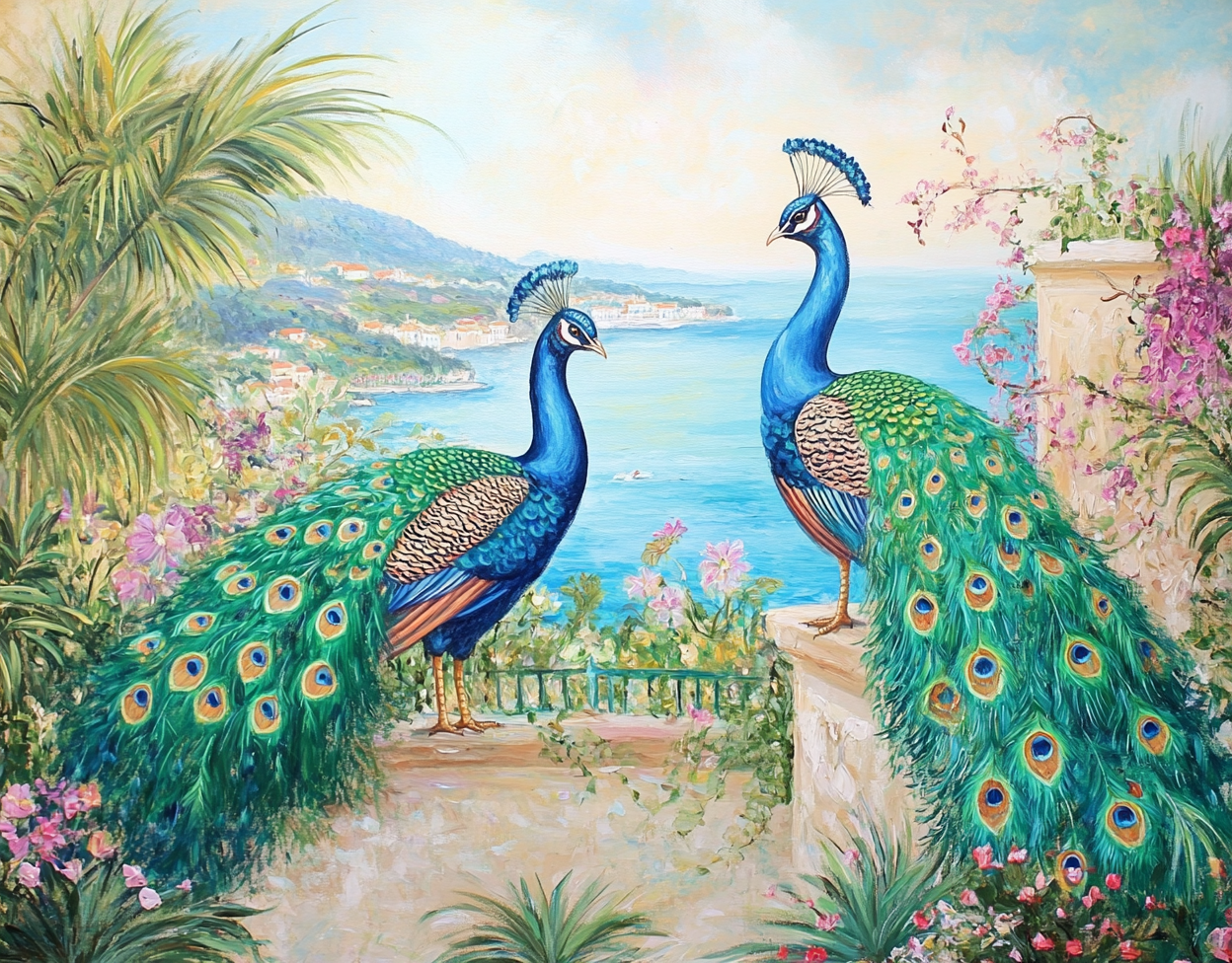 Acrylic painting of two peacocks in a garden.