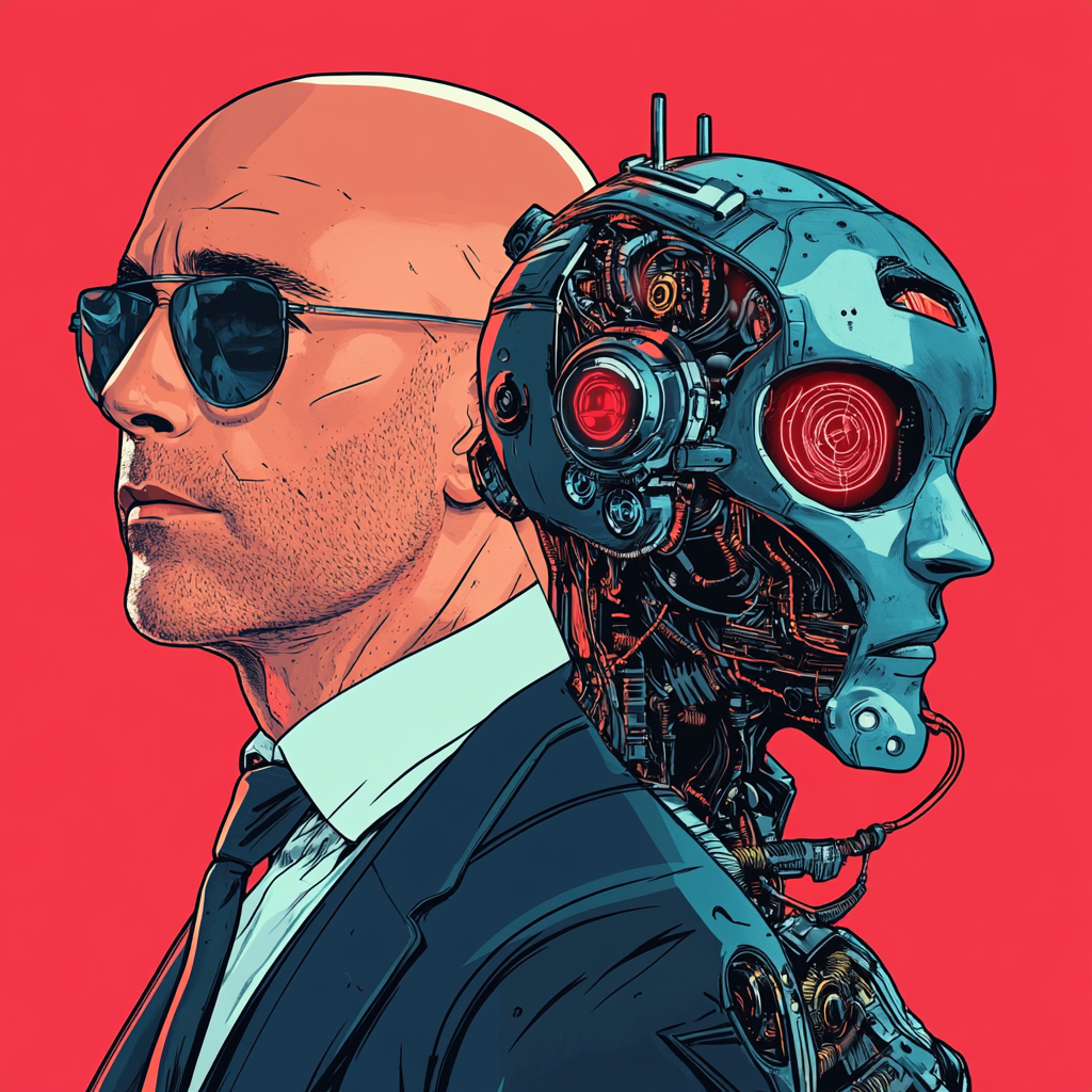 Action movie style podcast cover about AI and UX.