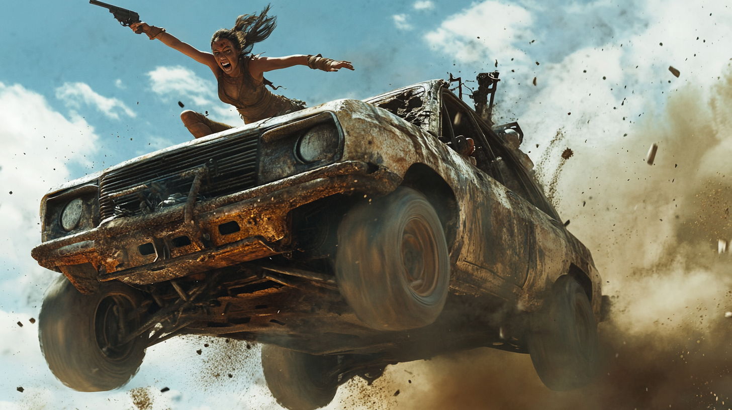 Action shot of Mad Max style 20s female.