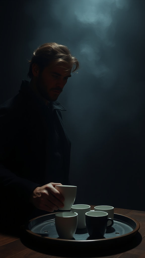 Actor takes white cup from tray in dark room.