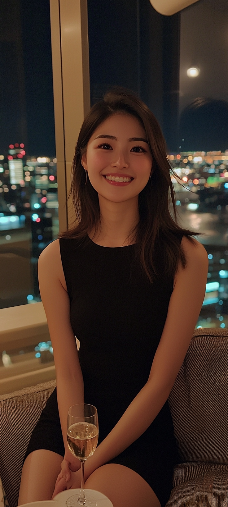 Actress in black dress, stylish cocktail, sitting on sofa.