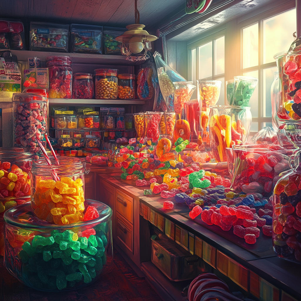 Addicted person surrounded by colorful, bright gummy candy shapes.