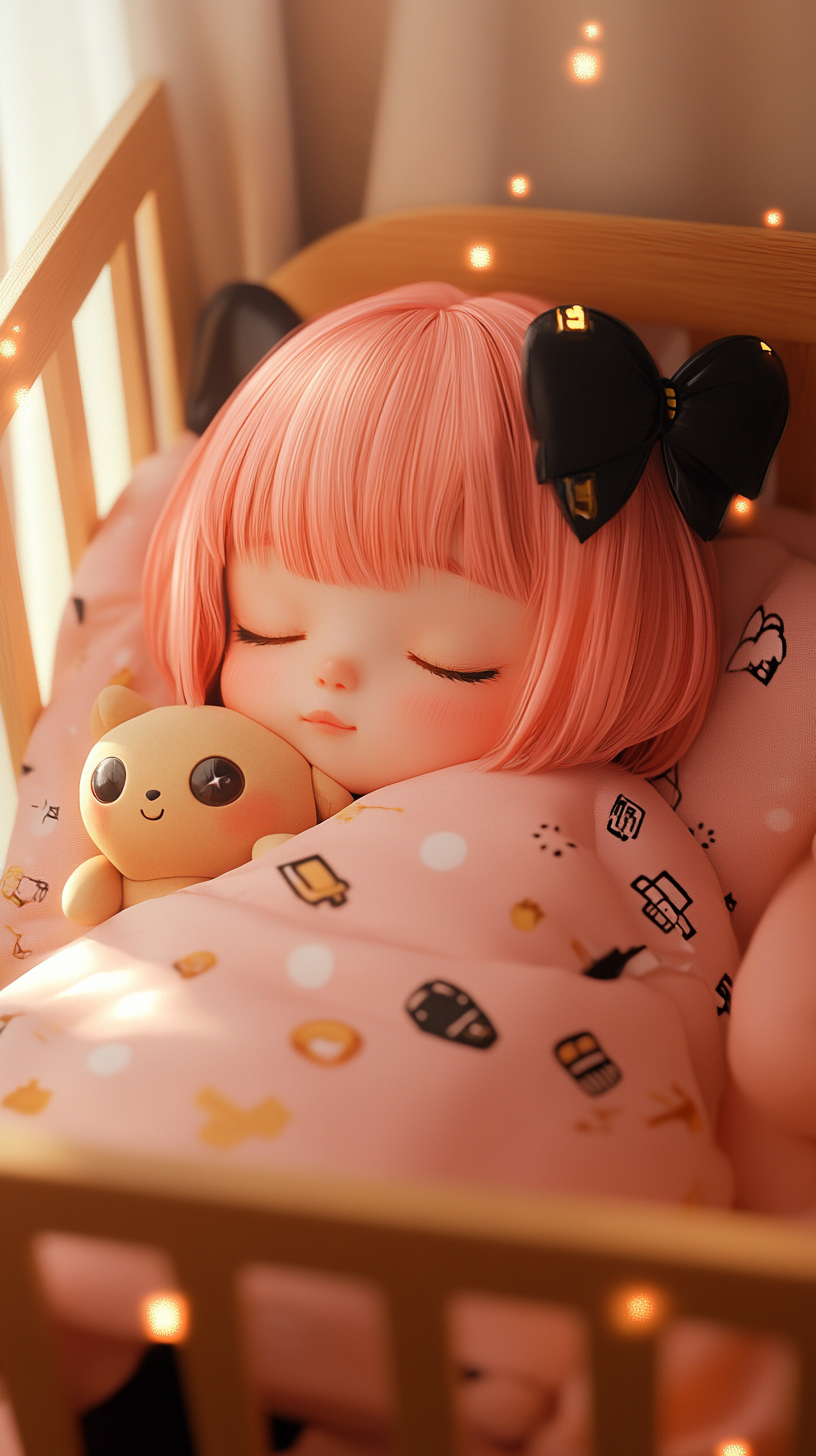 Adorable Baby Anya sleeping with Chimera doll plush.