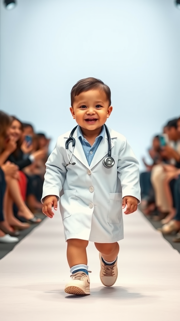 Adorable Baby Doctor Struts in Stylish Runway Aesthetic.