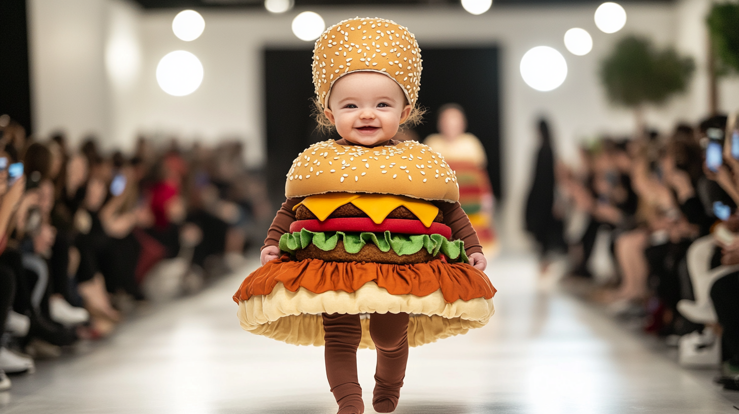 Adorable Baby Fashion Show in Hamburger Costume 