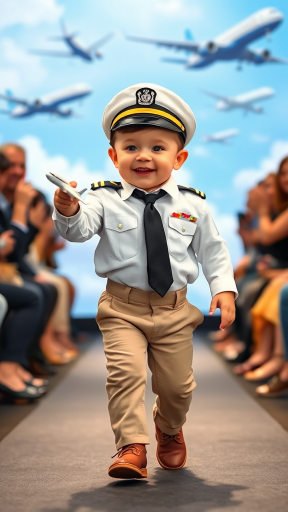 Adorable Baby Pilot Struts with Joyful Confidence!