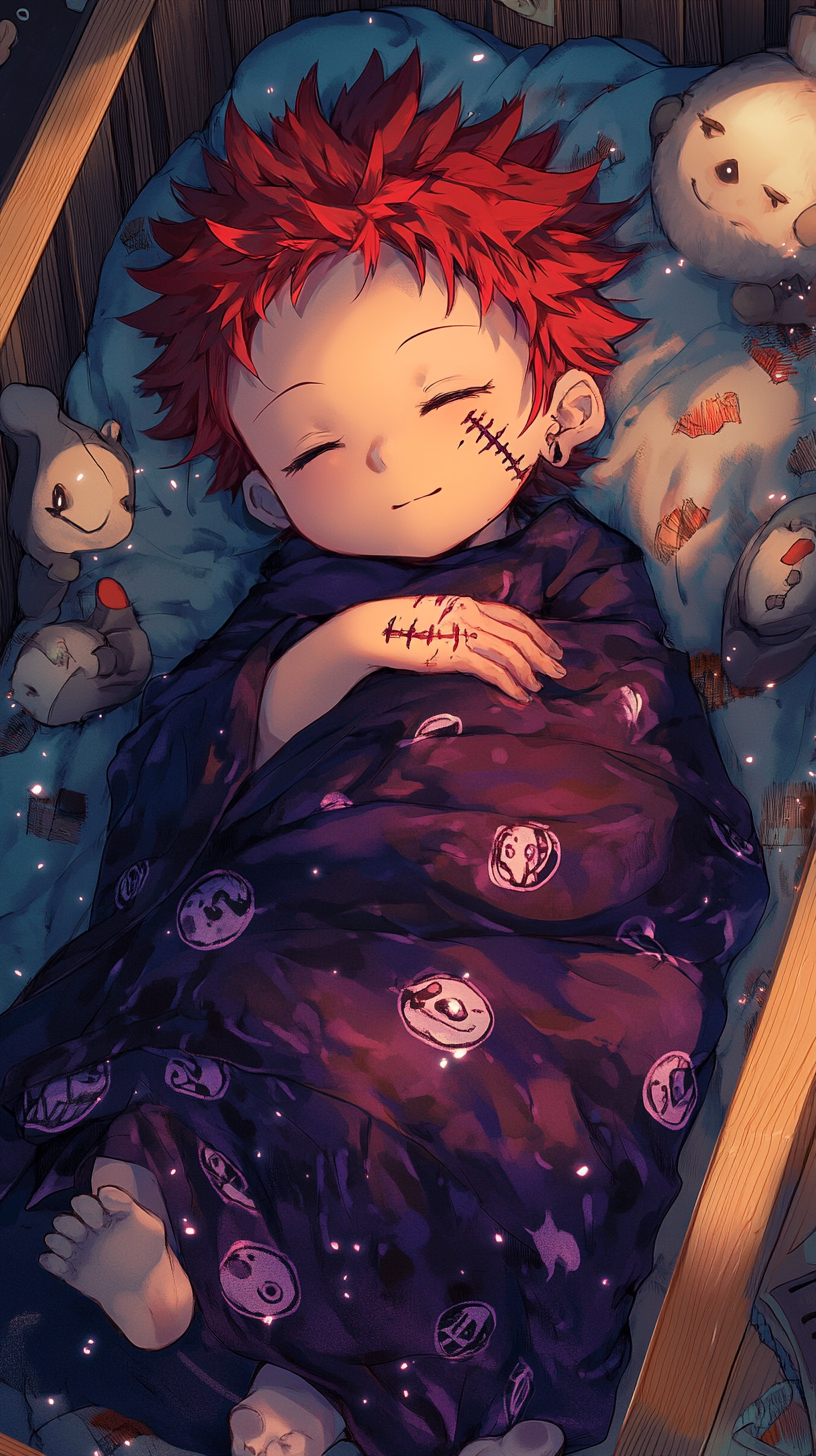 Adorable Baby Sukuna peacefully sleeping in a crib.