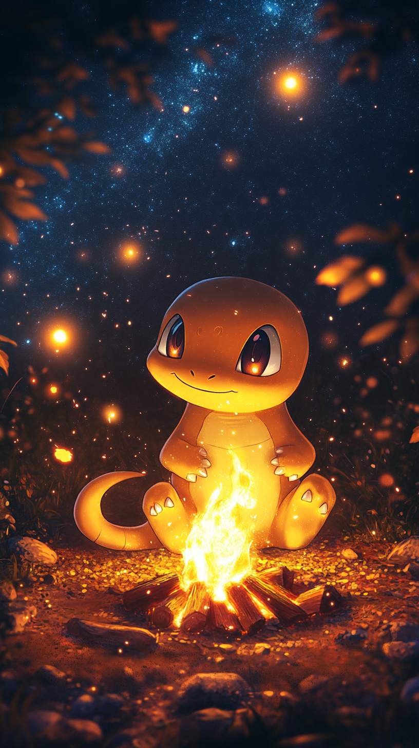 Adorable Chibi baby Charmander by glowing campfire at night.