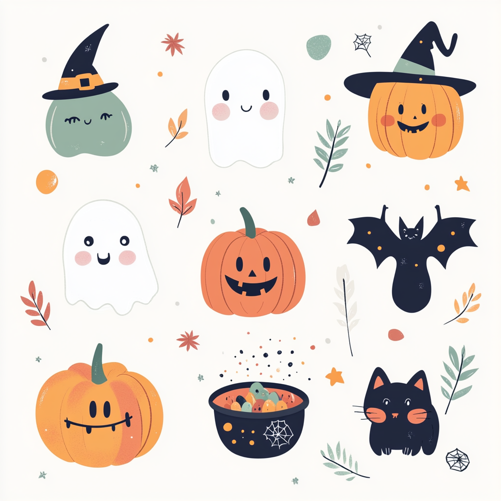 Adorable Halloween Vector Icons Collection: Jack-o'-lantern, Ghost, Witch's Hat, Bat, Cat